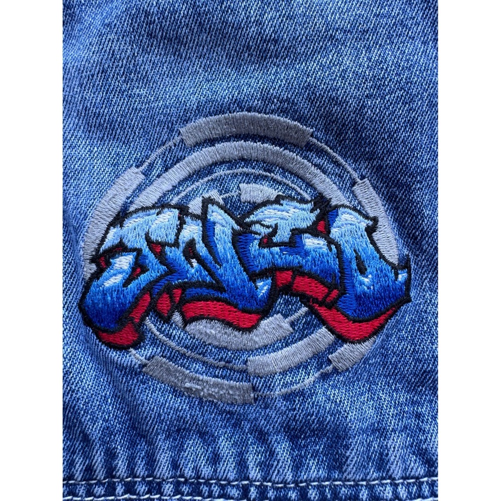 Vintage JNCO Jeans Distressed Denim Shorts Graffiti Logo Cut Off Mens 34 Blue